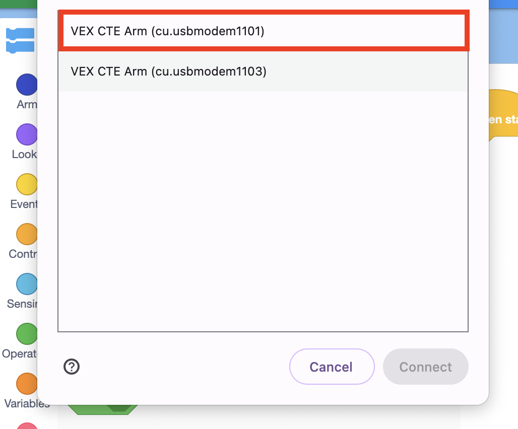Browser pop up window to connect to the 6-Axis Arm. Two connection options are listed, one reads VEX CTE Arm (cu.usbmodem1101) and is called out in a red box. The other option reads VEX CTE Arm (cu.usbmodem1103).