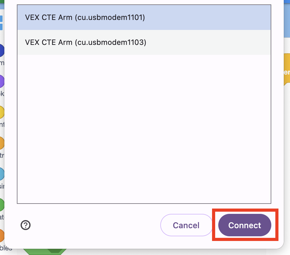 Browser pop up window to connect to the 6-Axis Arm. Two connection options are listed, one reads VEX CTE Arm (cu.usbmodem1101) and has been clicked and selected. The other option reads VEX CTE Arm (cu.usbmodem1103). At the bottom of the window the Connect button is called out in a red box.