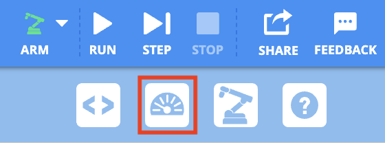 VEXcode EXP Toolbar with the Monitor button called out in a red box, in between the Code Viewer and Teach Pendants icons.