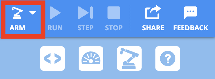 VEXcode EXP Toolbar with the Arm button called out in a red box, to the left of the Run icon.