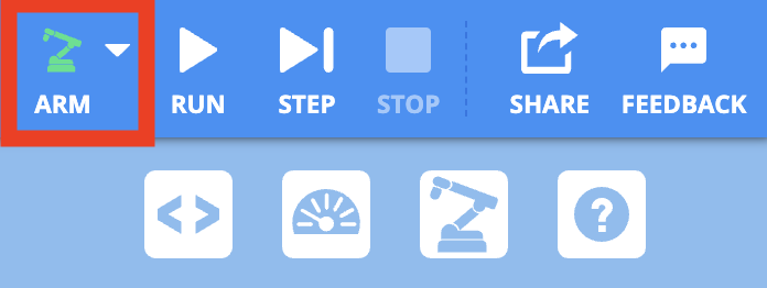 VEXcode EXP Toolbar with the green Arm button called out in a red box, to the left of the Run icon. The Arm button will turn green when properly connected.