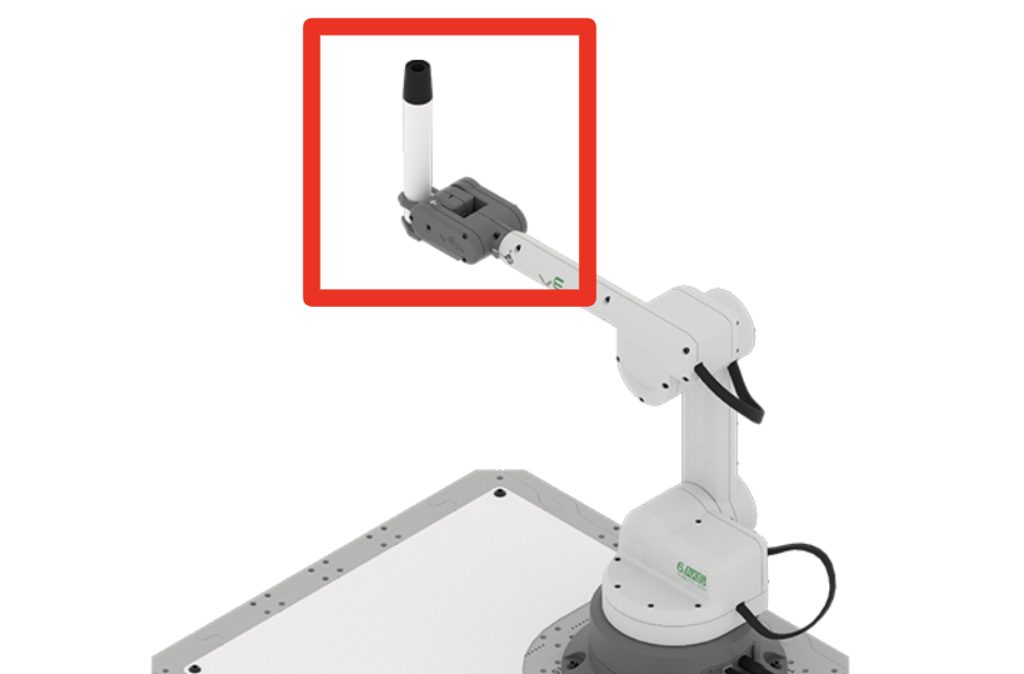 The 6-Axis Arm with the Pen Holder Tool attached. There is a whiteboard marker in the Tool, which is highlighted with a red box.