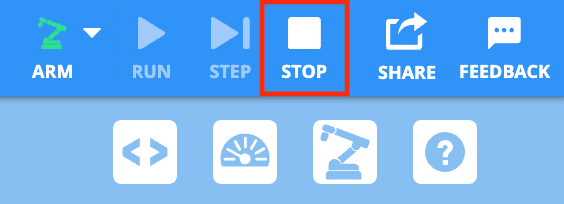 The VEXcode Toolbar with the Stop button highlighted in a red box. The Stop button is to the left of the Share button.