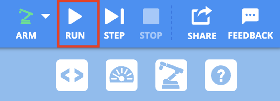 VEXcode EXP Toolbar with the Run button called out in a red box, in between the Arm and Step icons.
