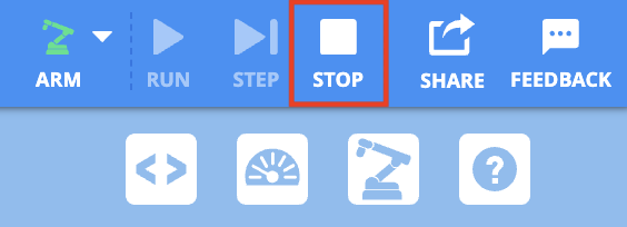 VEXcode EXP Toolbar with the Stop button called out in a red box, in between the Step and Share icons.