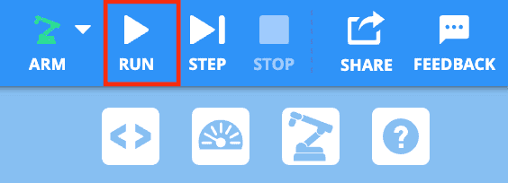 VEXcode Toolbar with the Run button highlighted in a red box between the green Arm icon to the left and the Step button to the right.