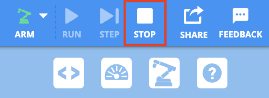 The upper right corner of the VEXcode EXP Toolbar with the Stop button highlighted with a red box.