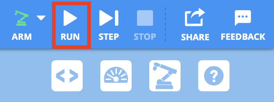 VEXcode Toolbar with the Run button highlighted in a red box, between the green Arm icon to the left and the Step button to the right.