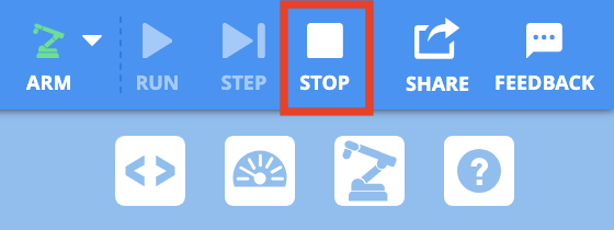 VEXcode Toolbar with the Stop button highlighted in a red box, to the left of the Share button.