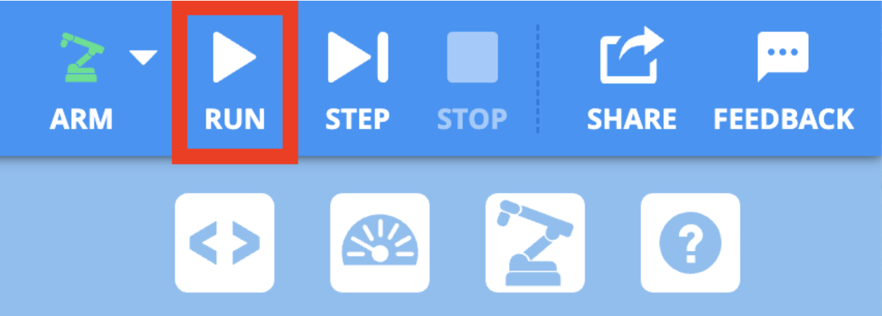 The VEXcode Toolbar showing the project control buttons in the top right of VEXcode. The Run button is highlighted with a red box.