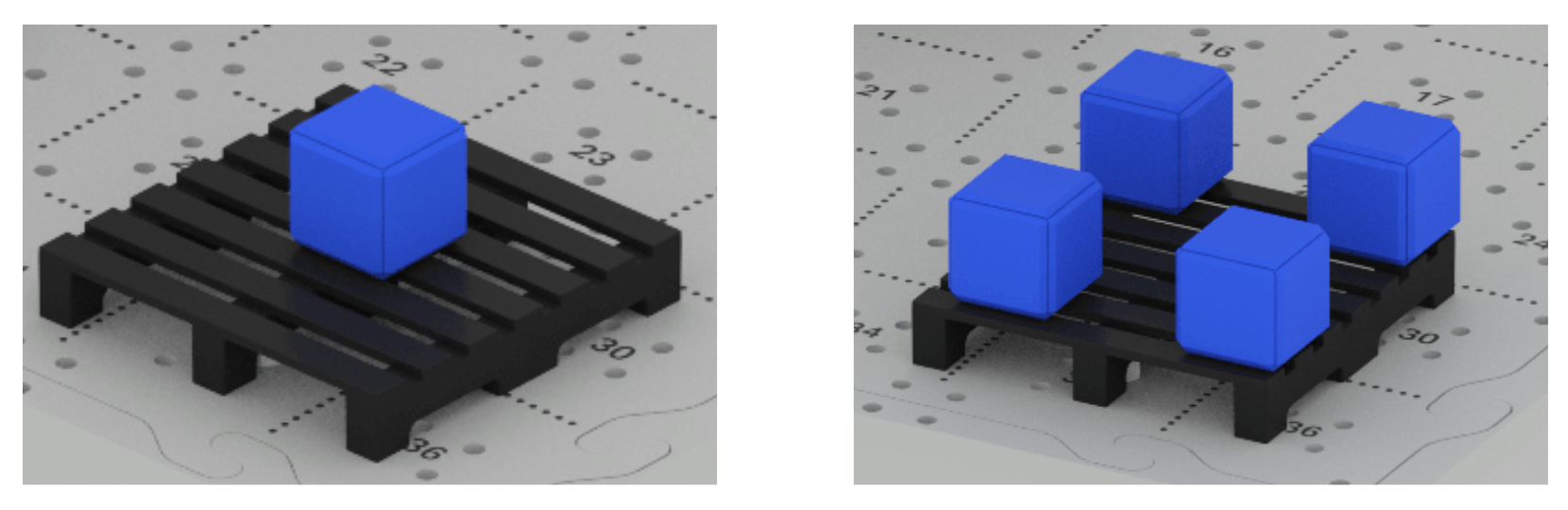 Two images of the installed pallet on the CTE Tile. The pallet on the left has a single blue cube placed in the center of the pallet. The pallet on the right has 4 blue cubes, each placed on one of the pallet's corners.