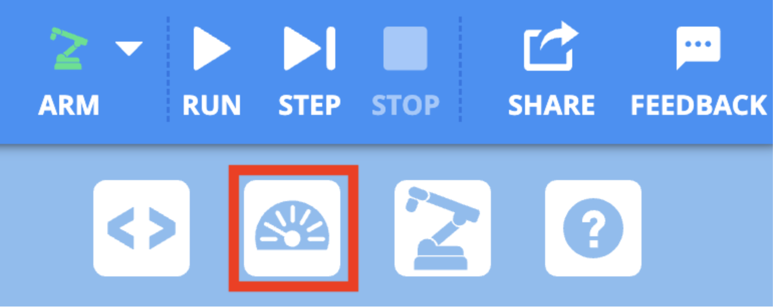 The VEXcode Toolbar showing the project control buttons in the top right of VEXcode. Beneath the project control buttons, the Monitor Sensor button, positioned two from the left, is highlighted with a red box.