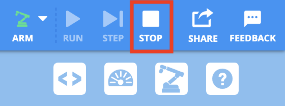 The VEXcode Toolbar showing the project control buttons in the top right of VEXcode. The Stop button is highlighted with a red box.