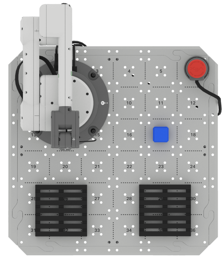 Top down view of a 6-Axis Arm on the CTE Tile with two pallets installed. A blue cube is placed on position 17 on the CTE Tile.