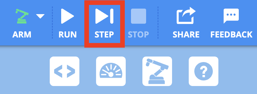 The VEXcode Toolbar showing the project control buttons in the top right of VEXcode. The Step button is highlighted with a red box.