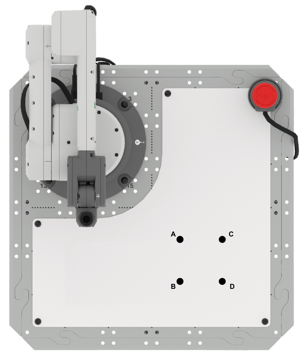 A top down view of the 6-Axis Robotic Arm over a whiteboard with the Pen Holder tool. 4 coordinates labeled A through D form a square shape on the whiteboard.