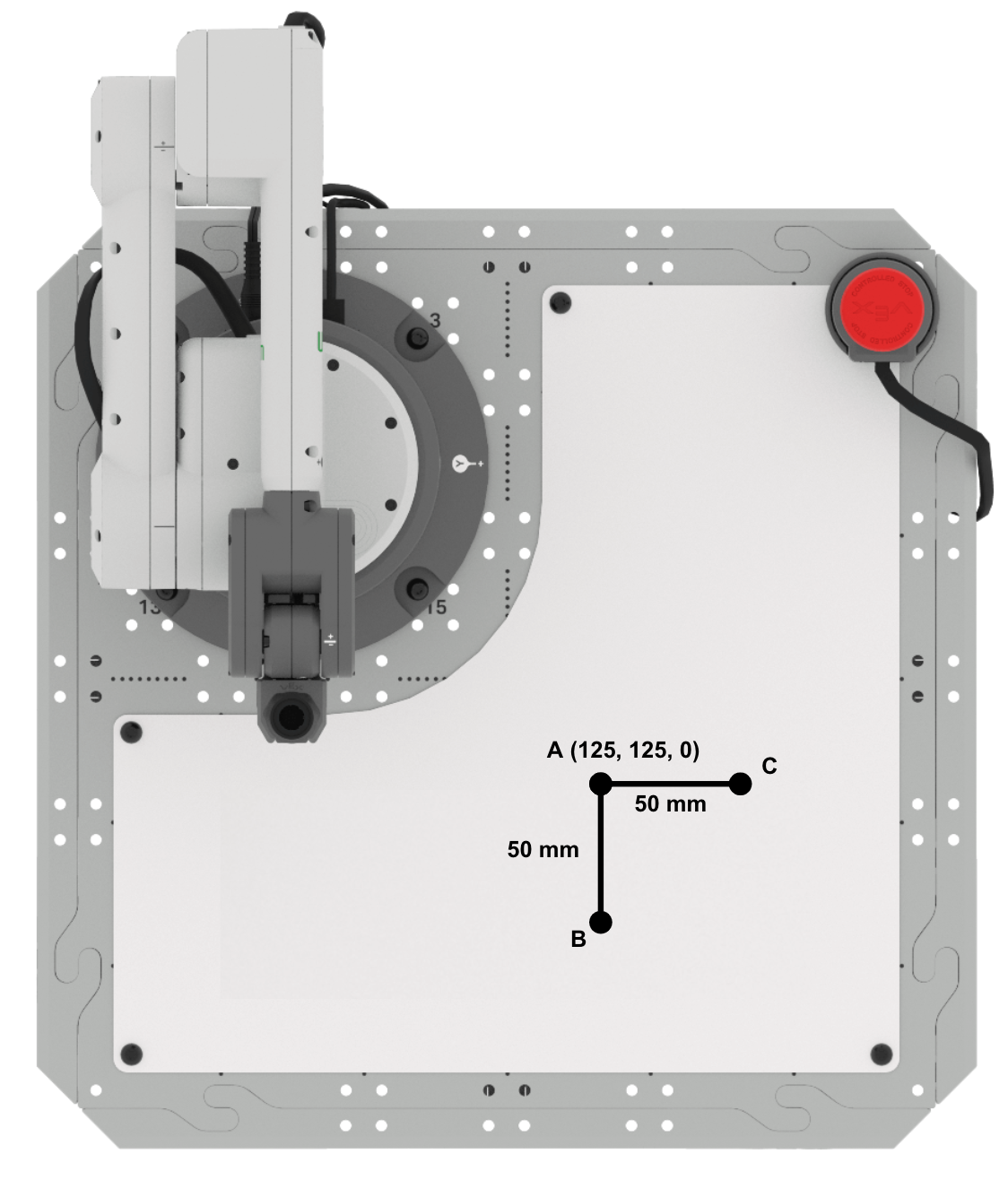 A top down view of the 6-Axis Robotic Arm over a whiteboard with the Pen Holder tool. 3 coordinates are labeled A through C. Coordinate A is labeled (125, 125, 0) with 50 mm labeling the distances between coordinates A and C and A and B.