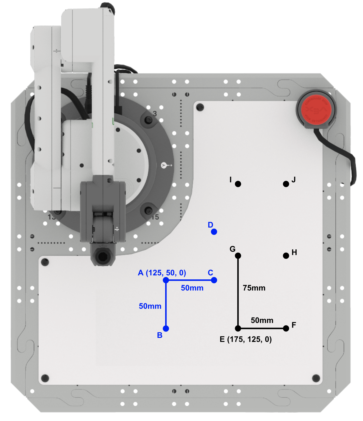 A top down 6-Axis Robotic Arm and its tile, showing 10 coordinates labeled A through J. The A coordinate is labeled (125, 50, 0) with the lines connecting it to B and C being labeled as 50mm. Coordinate E is labeled as (175, 125, 0). The line EF is labeled as 50 mm and the line EG is labeled as 75 mm. The coordinates H, D, I, and J, do not have coordinates or lines connecting them to other coordinates.