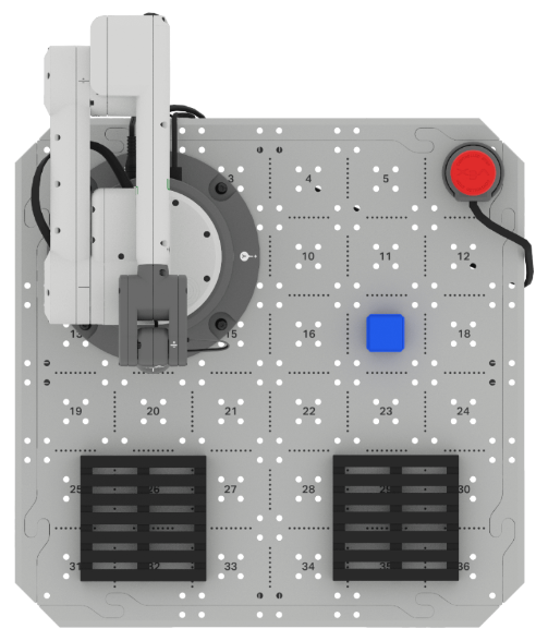 A top down view of the 6-Axis Arm on its tile. The signal tower and 2 pallets are installed on the tile. A blue cube is on the tile's 17 mark.