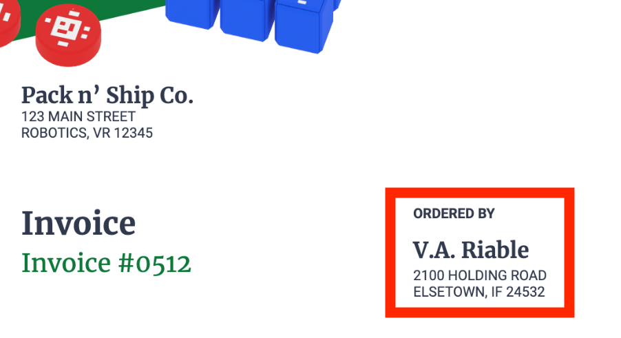 Address information called out on the invoice, to draw attention to the fact that the addresses are all different. The address is located to the right of the Invoice number.