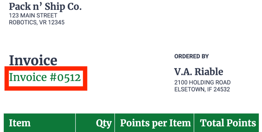 invoice number 0512 called out in a red box in the upper left hand corner of the Shipping Invoice.