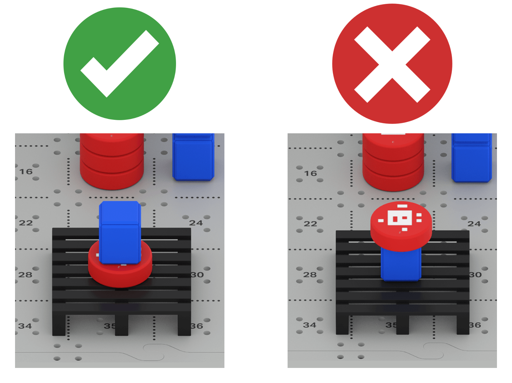 Side by side comparison of showing correct placement of Disks and Cubes on the pallet to the left, and incorrect placement of Disks and Cubes on the pallet to the right. The image on the left shows a cube stacked on a Disk. The image to the right shows a Disk on top of a Cube.