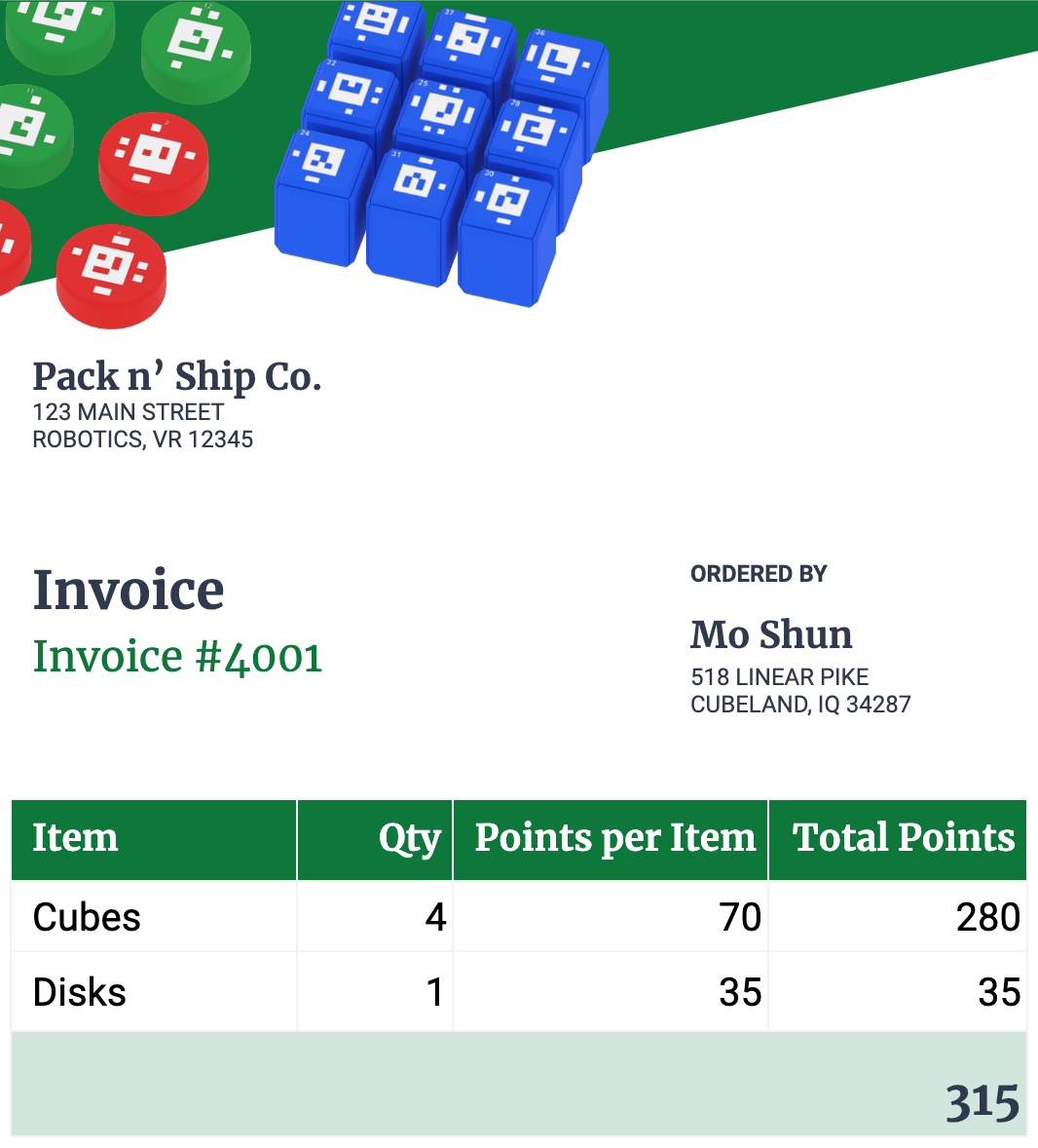 A sample shipping manifest. The sample is invoice #4001. It is being shipped to Mo Shun, 518 Linear Pike, Cubeland, IQ 34287. There are two line items on the manifest. The first is 4 Cubes, at 70 points per item for a total of 280 points. The second is 1 Disk at 35 points per item for a total of 35 points. The total number of points is listed at 315.