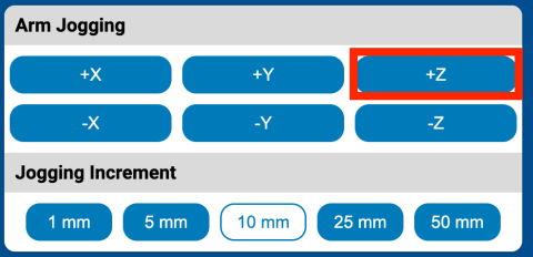 Arm jogging section of the Teach Pendant with the + Z button called out with a red box.