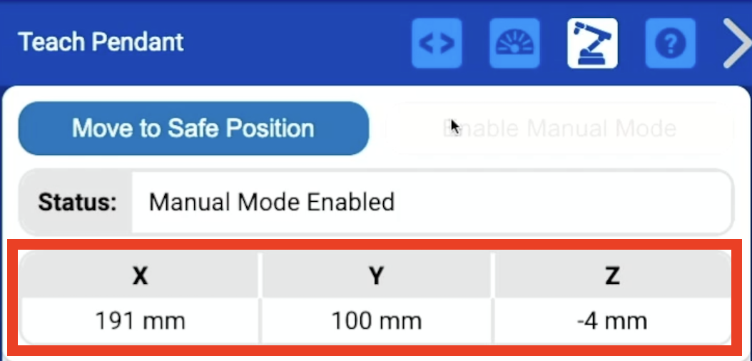 The (x, y, z) coordinates from the Teach Pendant Dashboard with the Magnet Pickup Tool placed on Tile location 34.