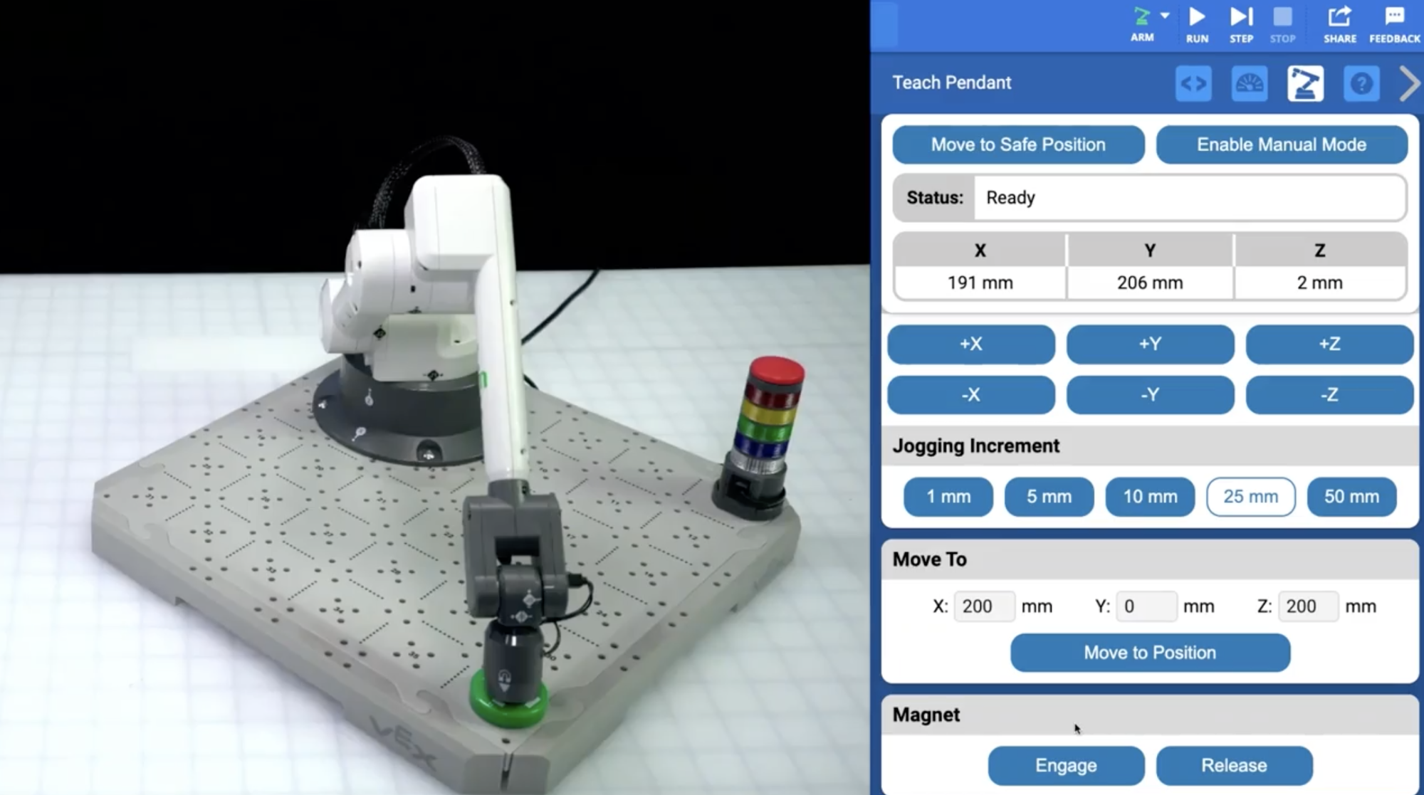 Side by side images of the 6-Axis Arm picking up a Disk with the Magnet Tool at location 36 and the Teach Pendant.