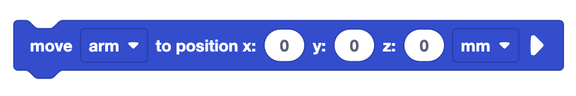 VEXcode EXP Move 6-Axis Arm to Position block, that reads move arm to position x 0 y 0 z 0 mm.