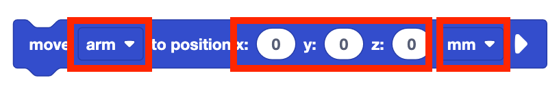VEXcode EXP Move 6-Axis Arm to Position block with each input field highlighted. The input fields include the device to move (arm), the position (x y and z), and the measuring unit (mm).