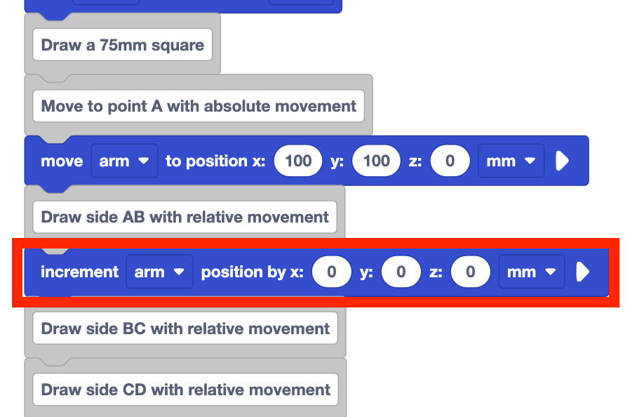 VEXcode project from before with an increment position block added below the Draw Side AB with relative movement comment block.