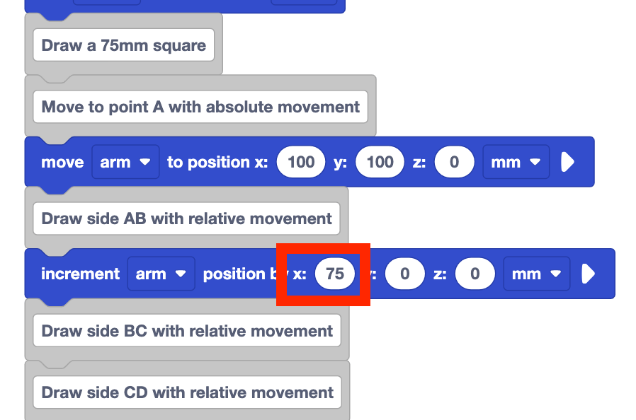 Same VEXcode project from before with the x parameter of the increment position block set to 75.