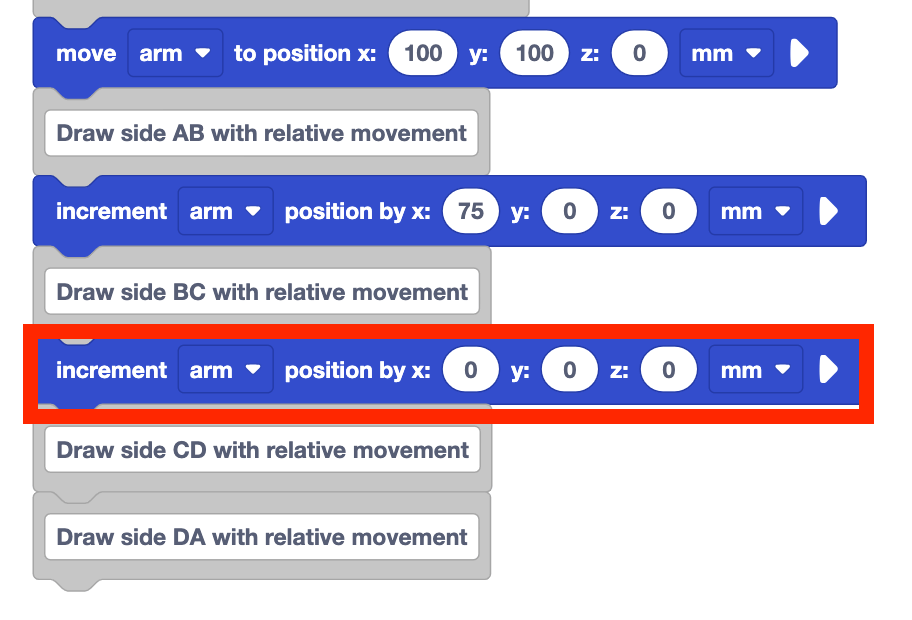 VEXcode project from before with an increment position block added below the Draw Side B C with relative movement comment block.