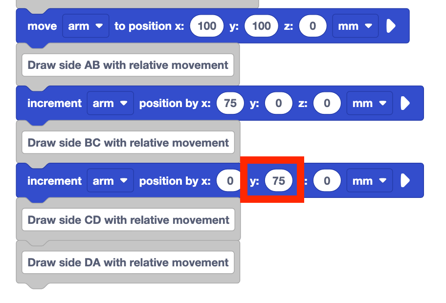 VEXcode project from before with the y parameter of the newest increment position block set to 75.