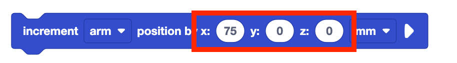 Increment position blocks with the x, y, and z parameters called out with a red box.