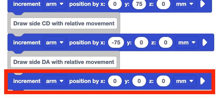 VEXcode project from before with an increment position block added at the very bottom below the Draw Side D A with relative movement comment block.