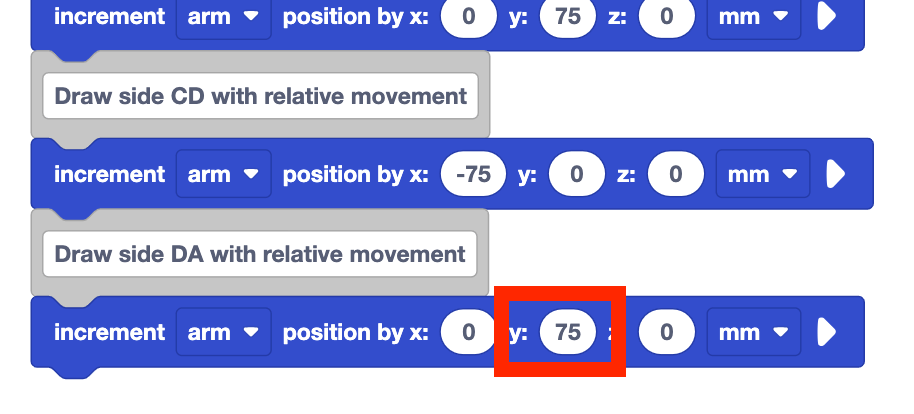 VEXcode project from before with the y parameter of the newest increment position block set to 75.