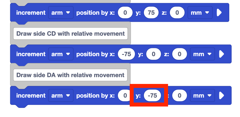 VEXcode project from before with the y parameter of the newest increment position block set to negative 75.