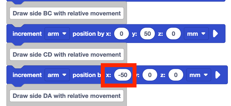 A portion of Project B with a red highlight box around the x parameter of the increment position block below the Draw side CD with relative movement comment. The x parameter is now set to negative 50.