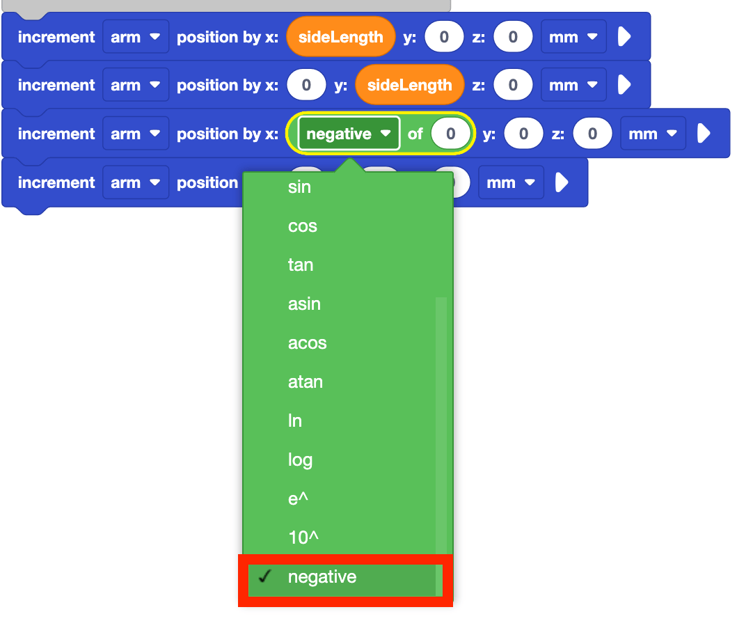The end of the project, showing the function block's parameter dropdown open, and negative selected.