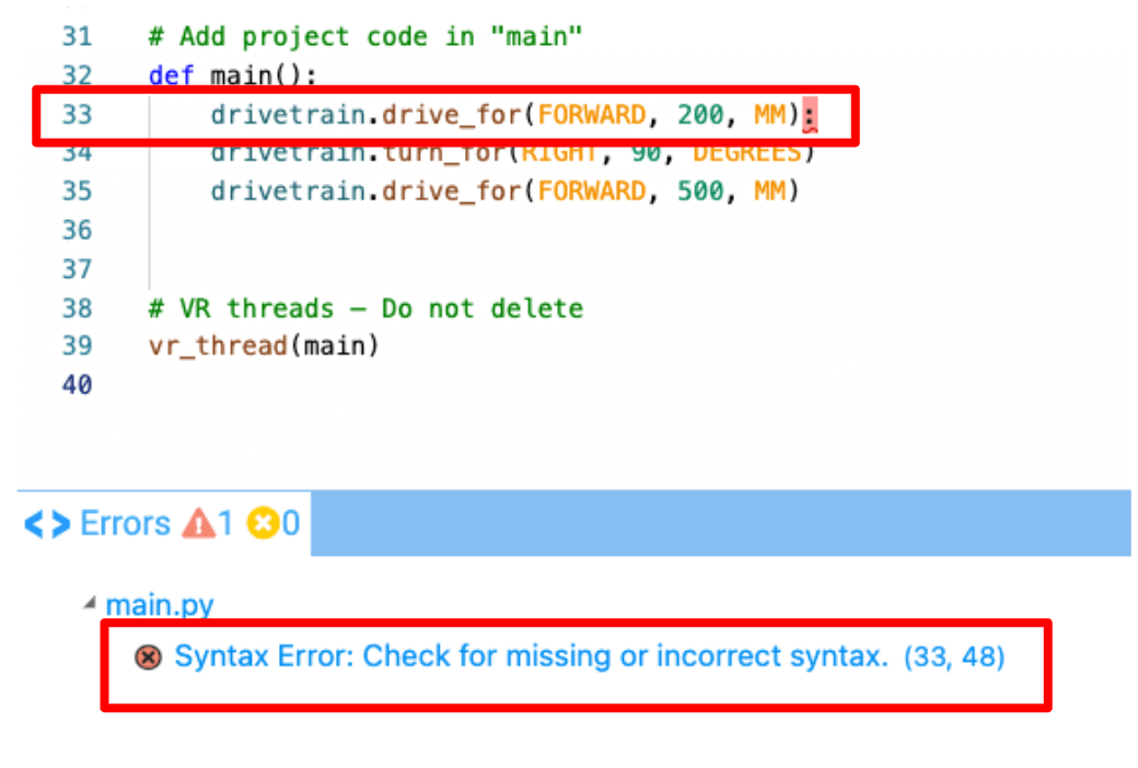 A close up view of the error panel with the line of code mentioned in the error message highlighted in the project. The extra colon at the end of the drive for command is highlighted in red.