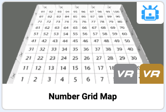 Number Grid map Tile in VEXcode VR. a side view of the playground can be seen with a VR robot icon in the top right corner. Beneath that icon is a silver VR logo and gold VR logo. At the bottom is the title 'Number Grid Map.'