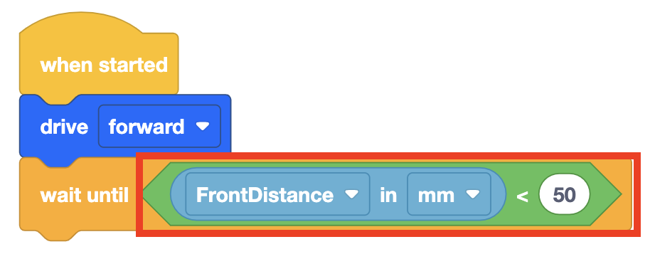 VEXcode VR Blocks project that puts together the previous steps. The whole project now reads When Started, Drive Forward and Wait Until Front Distance in millimeters is less than 50. A red box highlights the Less Than boolean block.