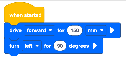 Programa VEXcode GO Blocks que começa com um bloco When Started e tem instruções para avançar 150 mm e depois virar à esquerda 90 graus.