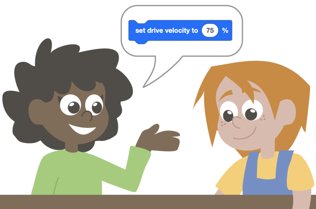 Dois alunos a partilhar ideias e a discutir blocos VEXcode.