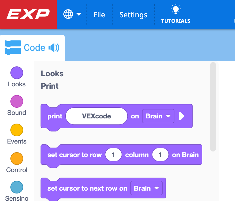 Close up of VEXcode EXP to show the EXP logo in the upper left corner of the Toolbar.