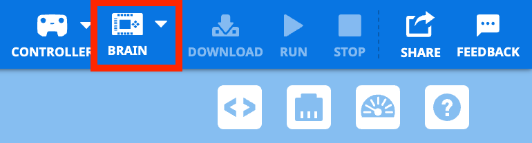 VEXcode EXP Toolbar with a red box around the Brain icon, located to the left of the Controller icon and to the right of the Download button.