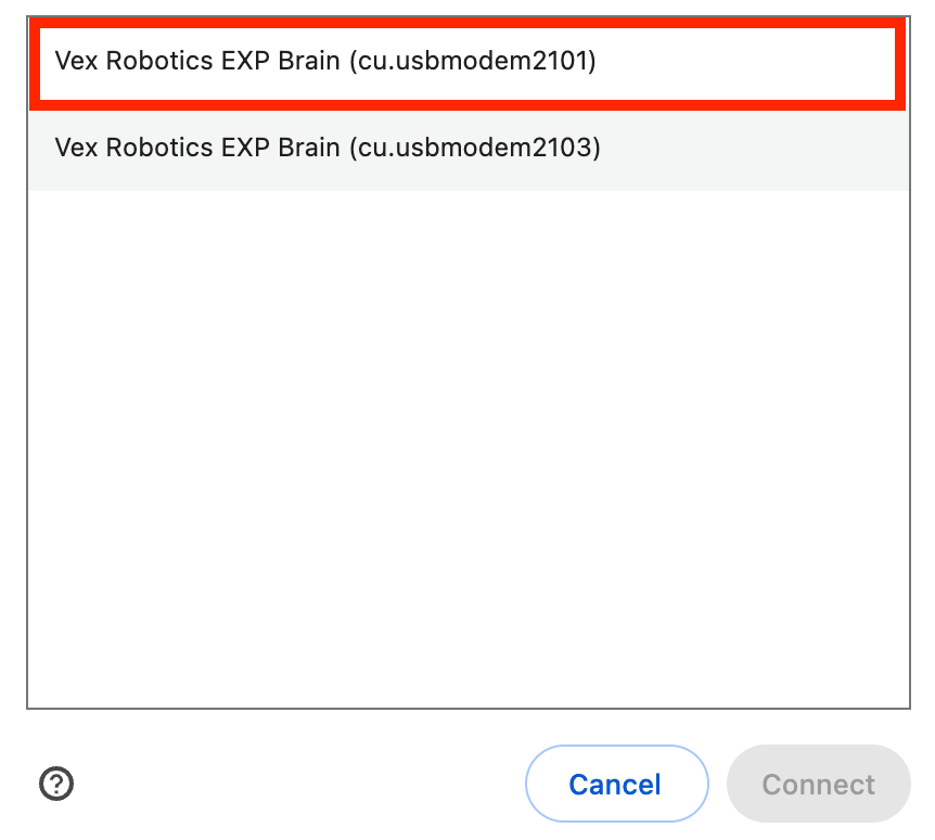 The same communication window as above, this time with two different options in the list. The first reads VEX Robotics EXP Brain (cu.usbmodem 2101) and is highlighted in a red box. The second reads VEX Robotics EXP Brain (cu.usbmodem 2103).